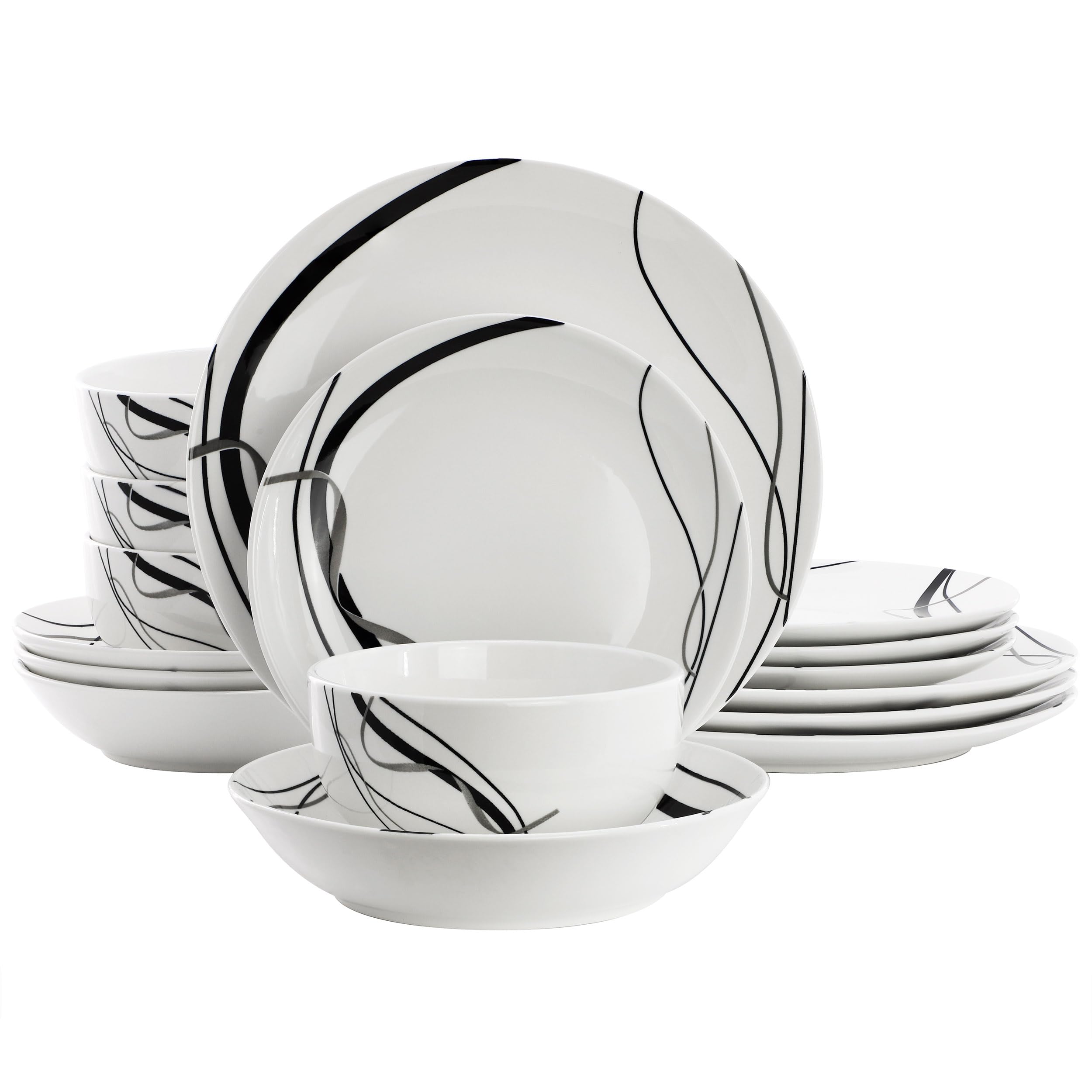 Elama Sarah 16 Piece Porcelain Double Bowl Black Ribbon Dinnerware Set, Service for 4 in White and Black