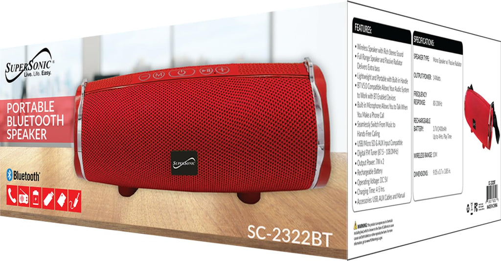 SuperSonic Portable Bluetooth 5.0 Speaker – Red, 14W with FM Radio, USB/SD/AUX & Built-In Mic