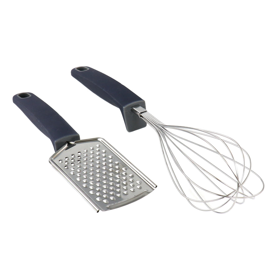 Oster Bluemarine 2-piece stainless steel grater and whisk set with navy blue handles