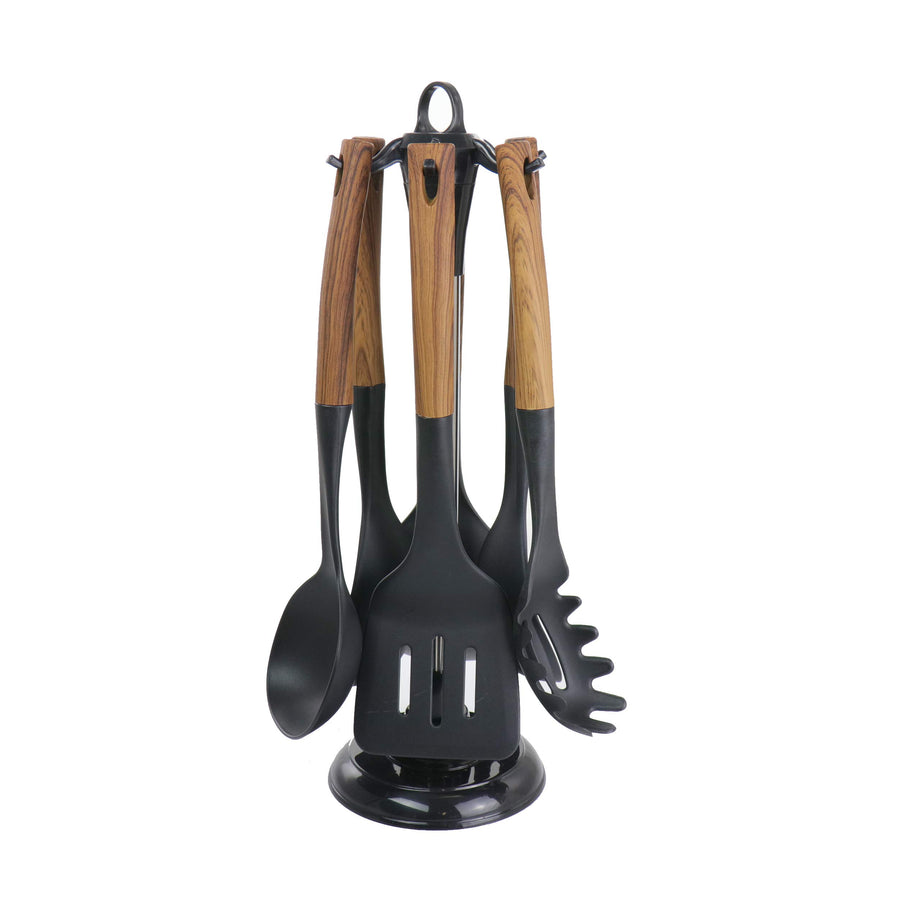 Nylon kitchen utensils hanging on the rotating stand