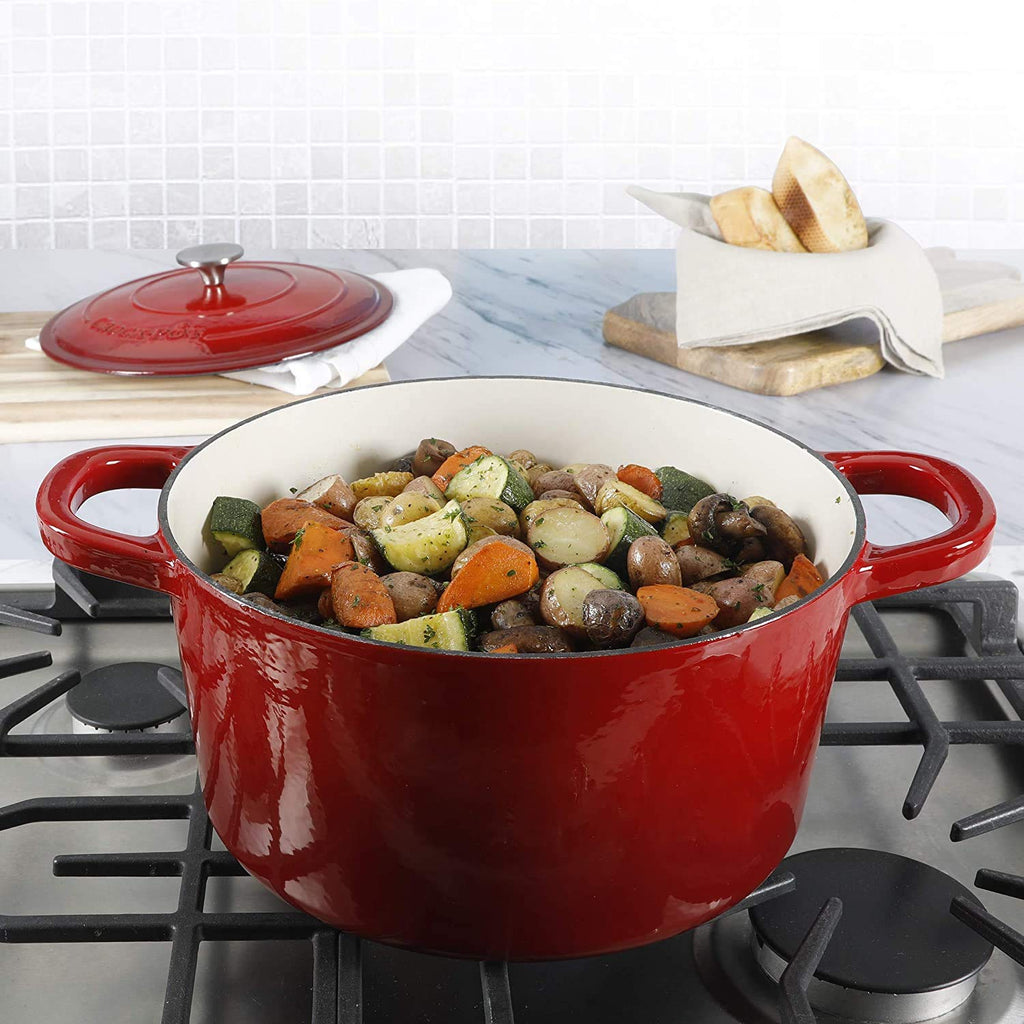 Crock-Pot Artisan 7-Quart Round Enameled Cast Iron Dutch Oven with Lid – Scarlet Red Heavy-Duty Cookware