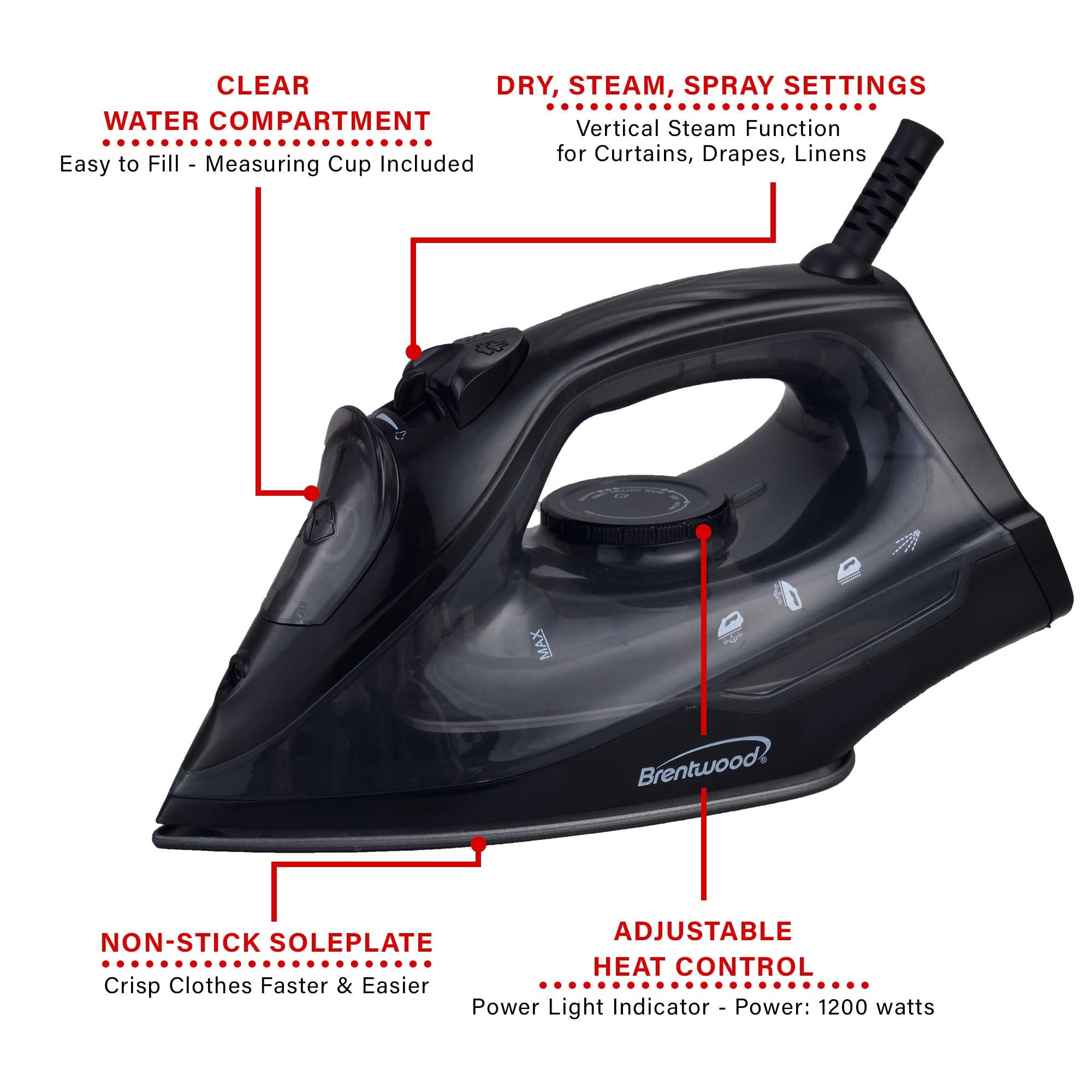 Brentwood 1200-Watt Lightweight Non-Stick Steam Iron, Black