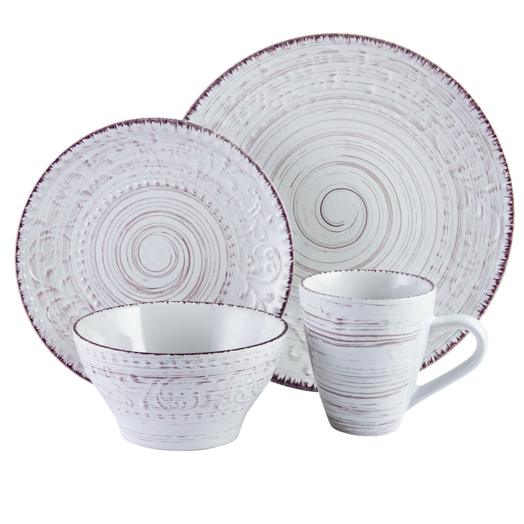 Elama Malibu Sands 16-Piece Embossed Stoneware Dinnerware Set – White Sand Coastal (Service for 4)