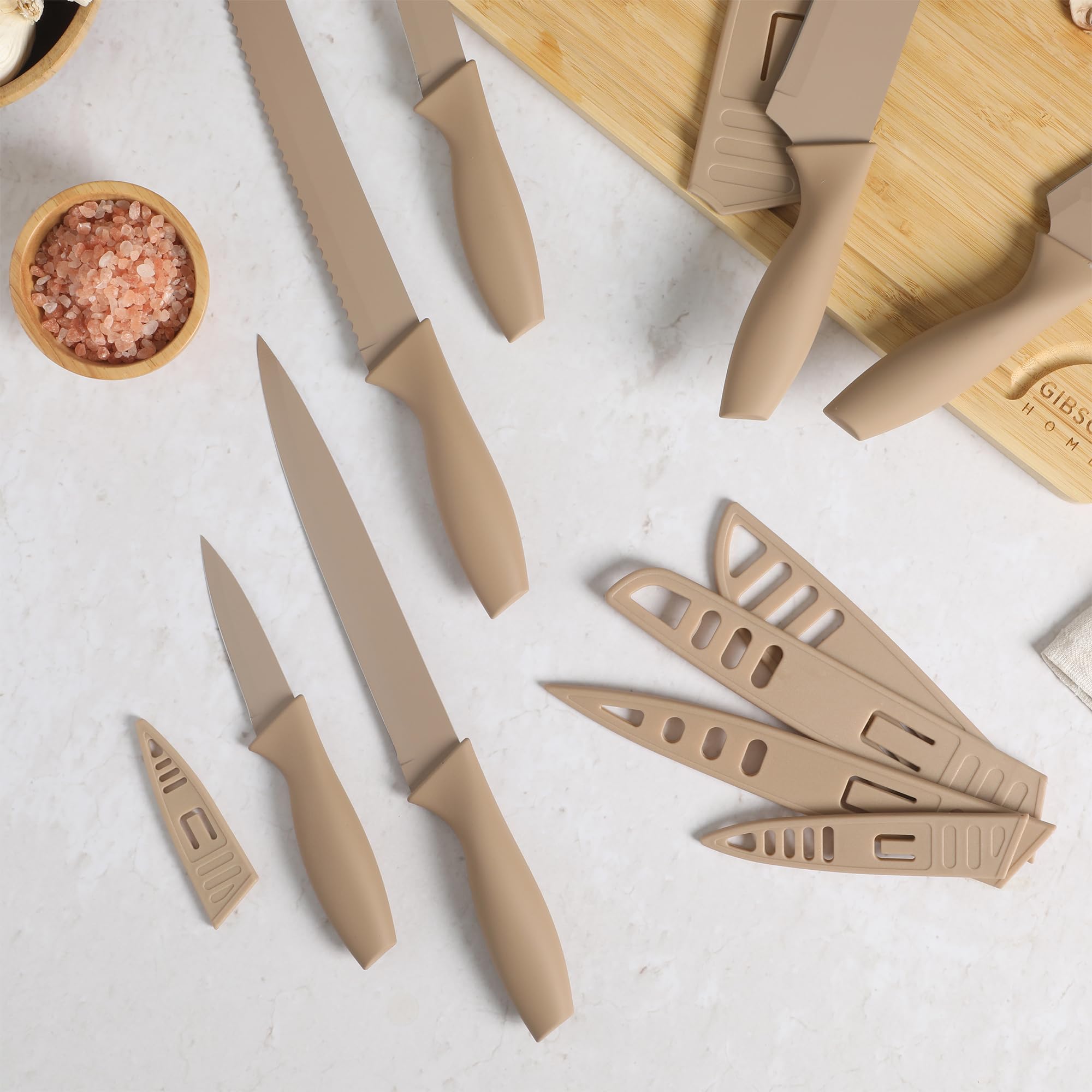 Gibson Home Bostonville 12-Piece Nonstick Stainless Steel Knife Set - Beige, 6 Knives with Matching Blade Guards