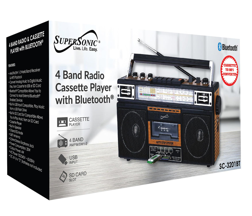 SuperSonic SC-3201BT 4-Band Radio & Cassette Player with Cassette-to-MP3 Converter and Bluetooth - Wood Finish