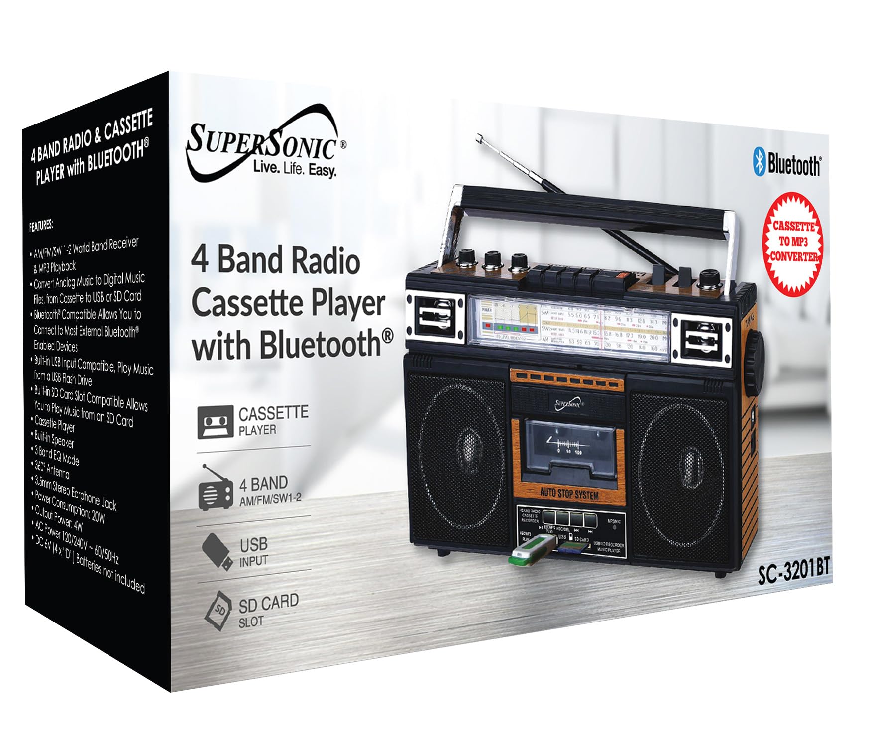 SuperSonic SC-3201BT 4-Band Radio & Cassette Player with Cassette-to-MP3 Converter and Bluetooth - Wood Finish