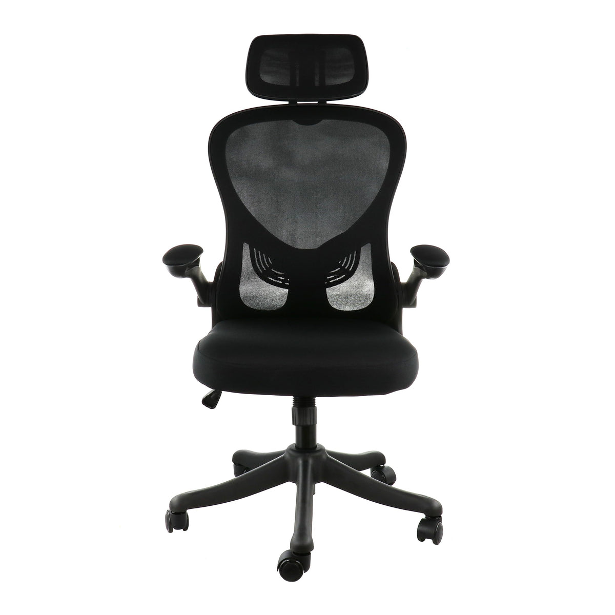 Elama black and gray ergonomic mesh office chair, front view showing the headrest, mesh back, flip-up arms and lumbar support