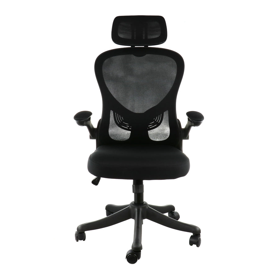 Elama black and gray ergonomic mesh office chair, front view showing the headrest, mesh back, flip-up arms and lumbar support