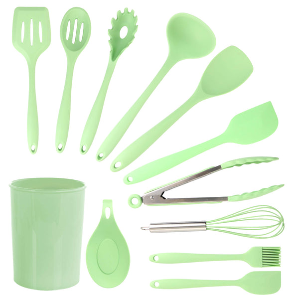 MegaChef 12 piece mint green silicone cooking utensil set with holder and spoon rest