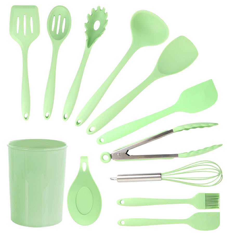MegaChef 12 piece mint green silicone cooking utensil set with holder and spoon rest