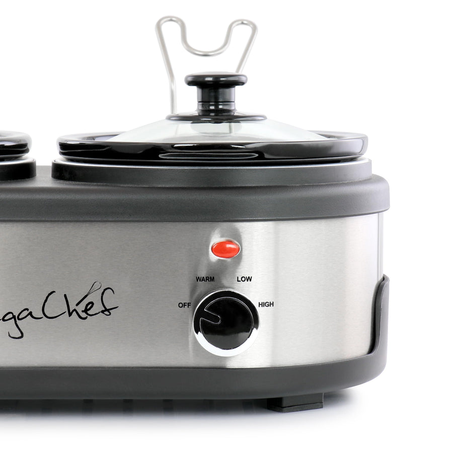 Close up of the warm, low, high control knob on the buffet slow cooker
