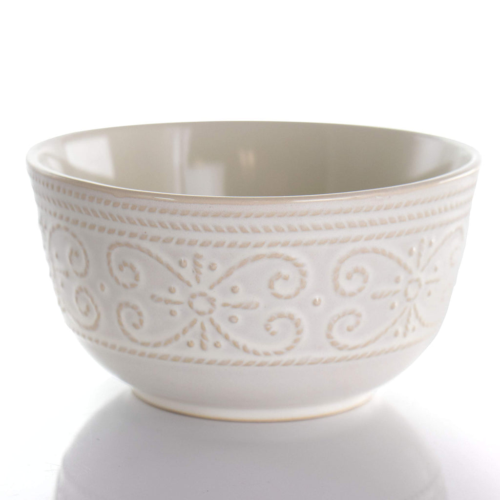 Elama Luna 16-Piece Embossed Scalloped Stoneware Dinnerware Set – White Service for 4