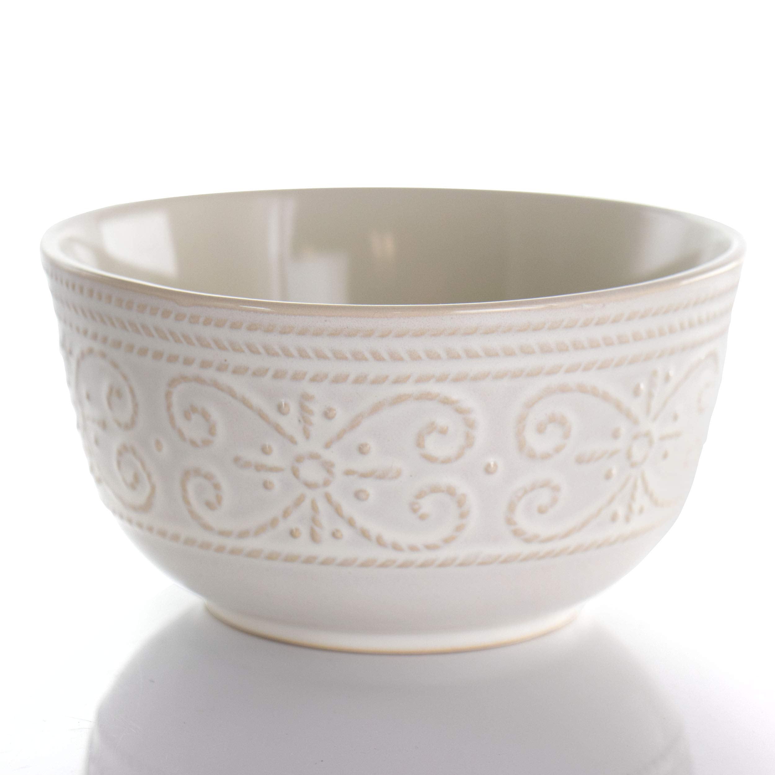 Elama Luna 16-Piece Embossed Scalloped Stoneware Dinnerware Set – White Service for 4