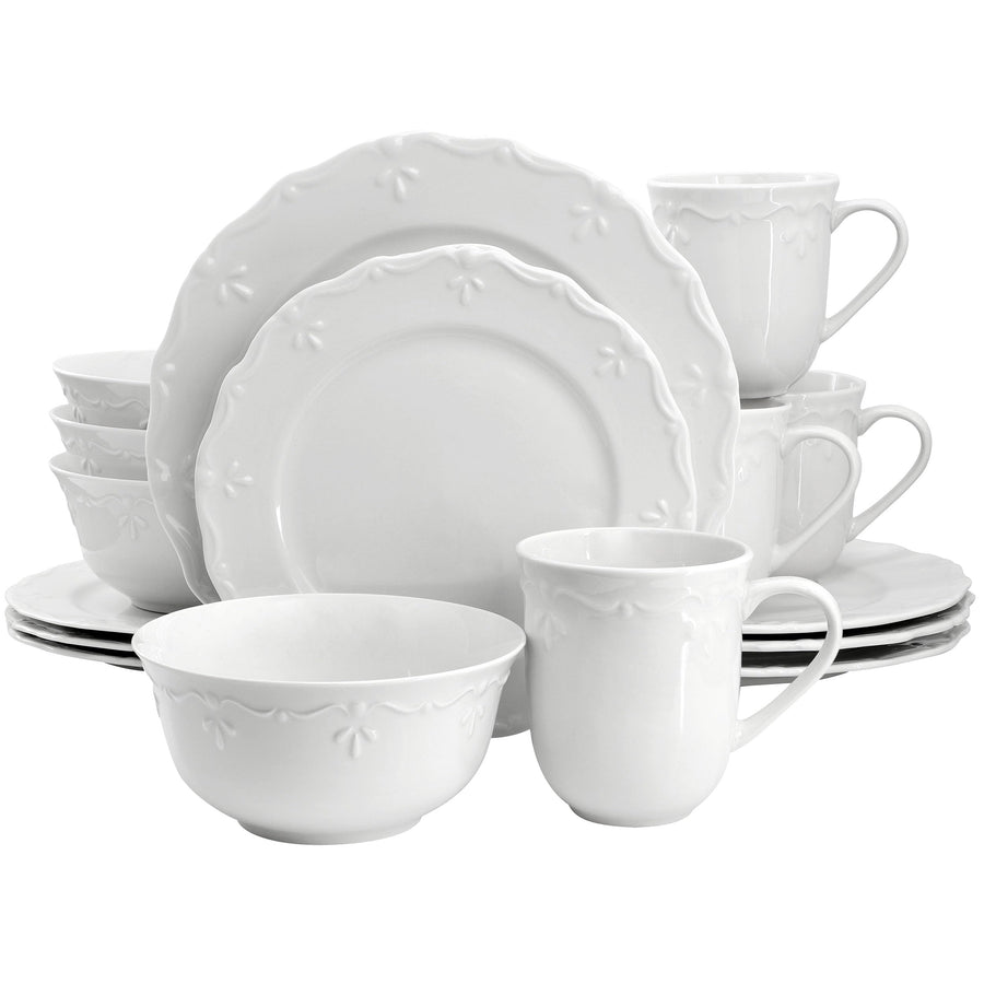Elama Henryi 16 Piece Embossed Rim Detail Porcelain Dinnerware Set in White