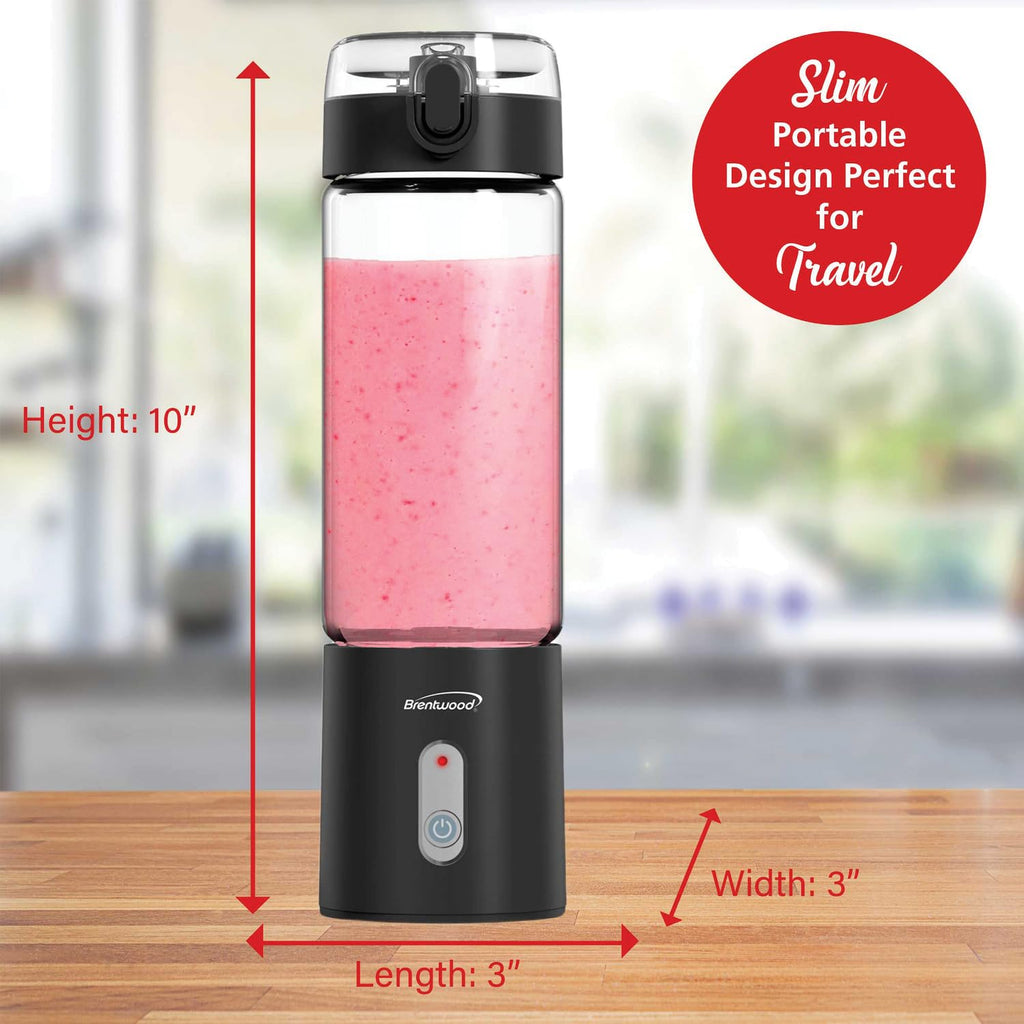 Brentwood RJB-100BK 17 oz Portable USB Rechargeable Glass Blender - Black, 16,000 RPM with BPA-Free Glass Jar