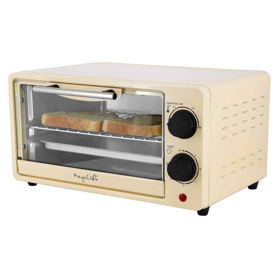 MegaChef MCOV-1200CR 9.5-Quart 2-Slice Countertop Toaster Oven, 800W Quartz Heat, 200 to 450°F Dial, 30-Minute Bell Timer, Cream