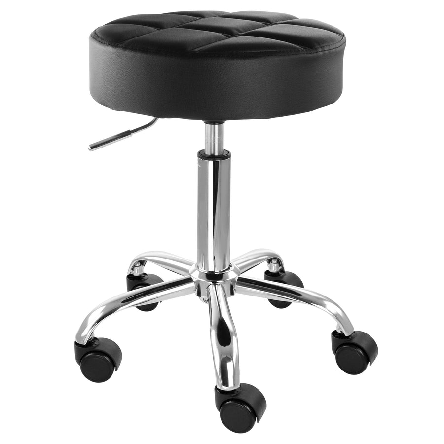 Elama black tufted faux leather backless rolling stool with adjustable height and chrome five-wheel base, front view