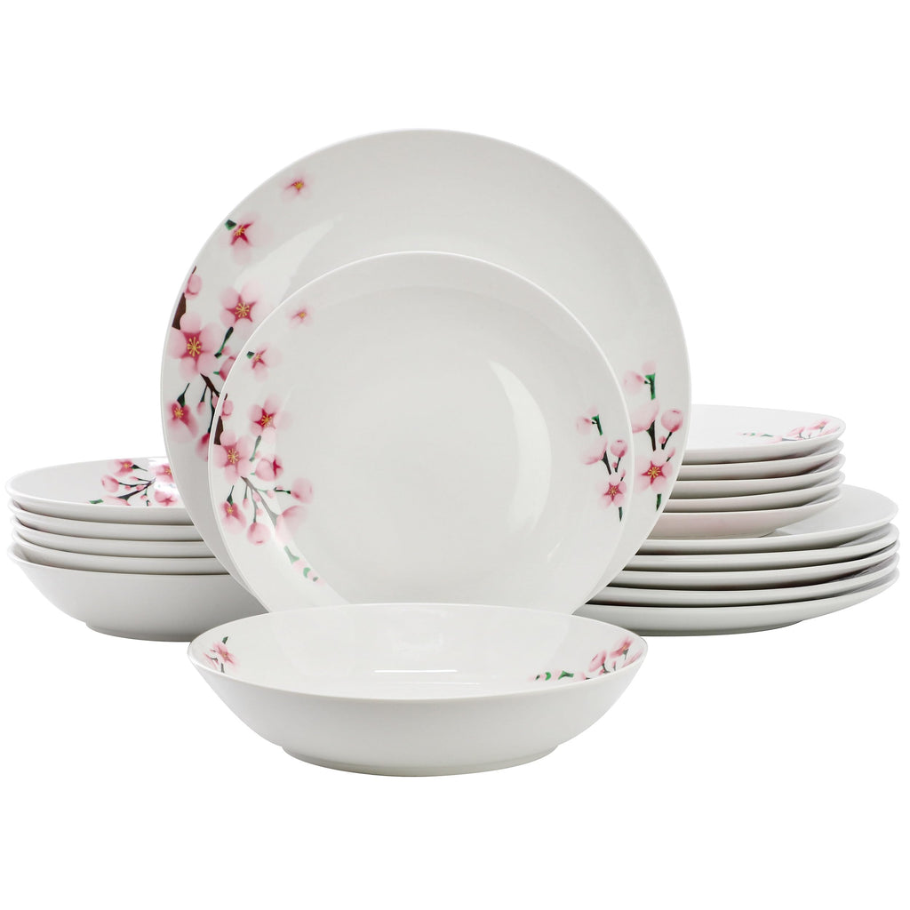 Elama Tamara 18-Piece Cherry Blossom Porcelain Dinnerware Set – White & Pink Service for 6