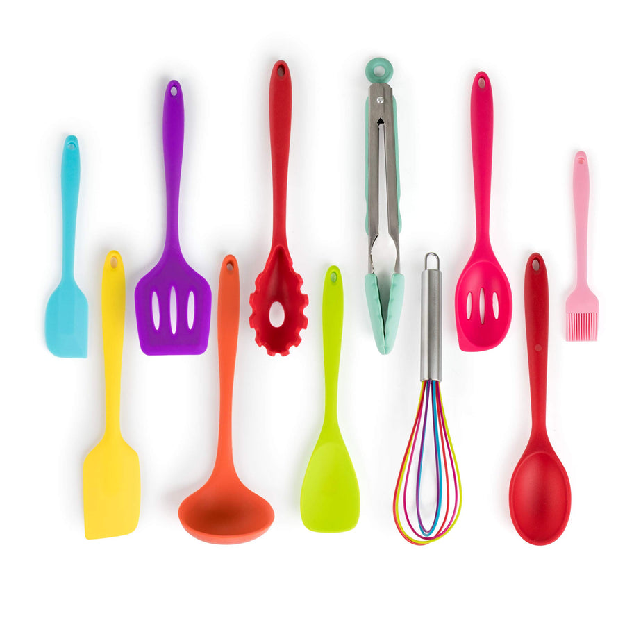 MegaChef 12-Piece Silicone and Wood Kitchen Utensil Set with Storage Canister, Multicolor