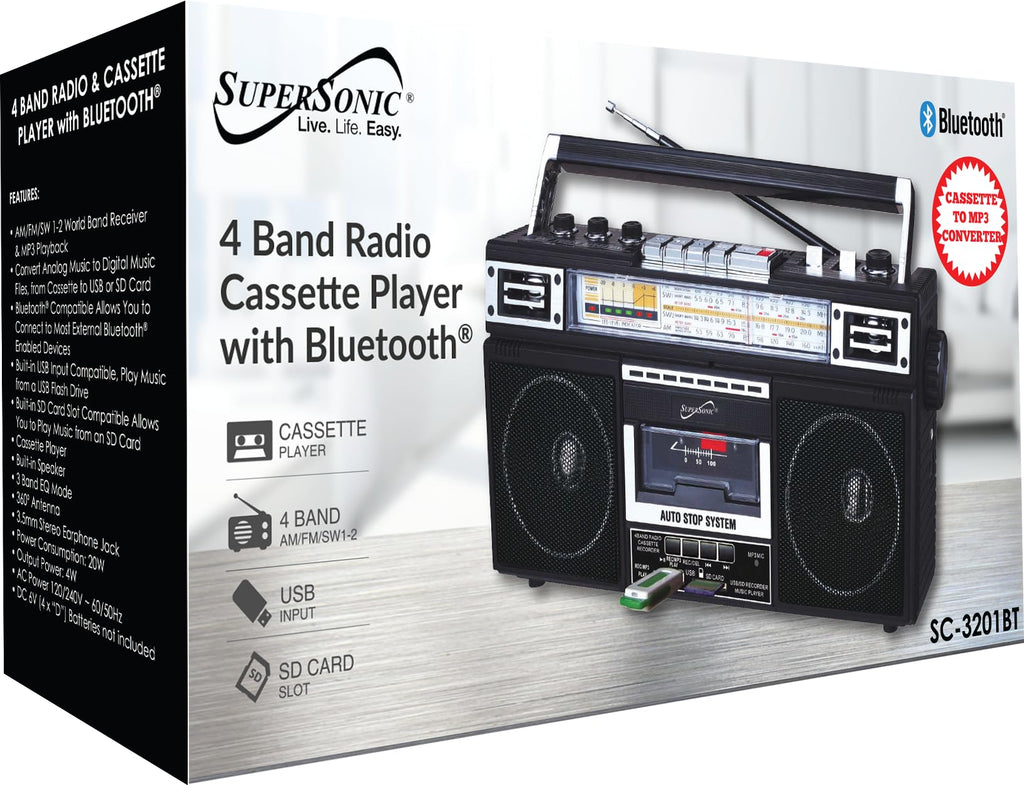 Supersonic Retro 4-Band Radio and Cassette Player with Bluetooth, Black