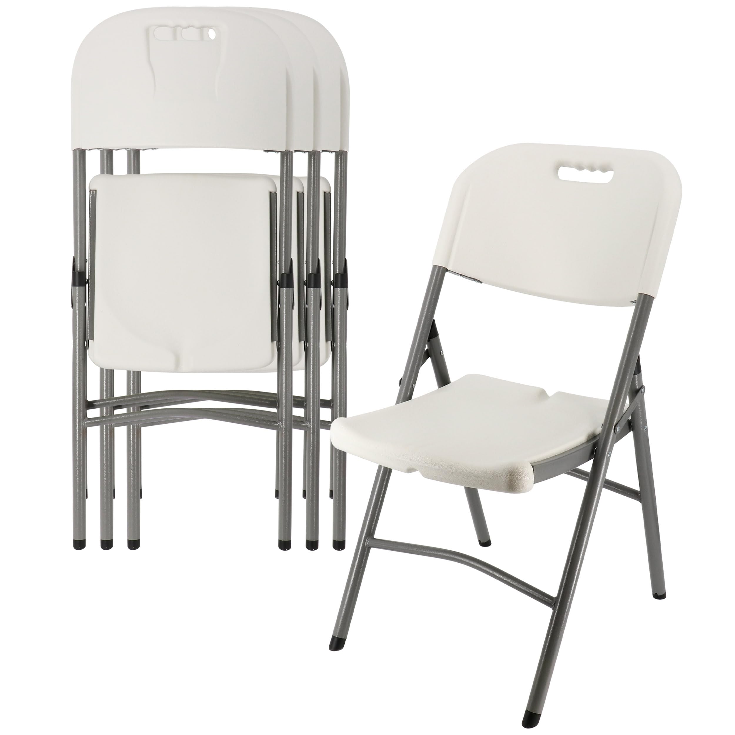 Elama 4-Piece Deluxe Folding Patio Chairs – White Indoor/Outdoor Plastic Dinner Chairs with Handle