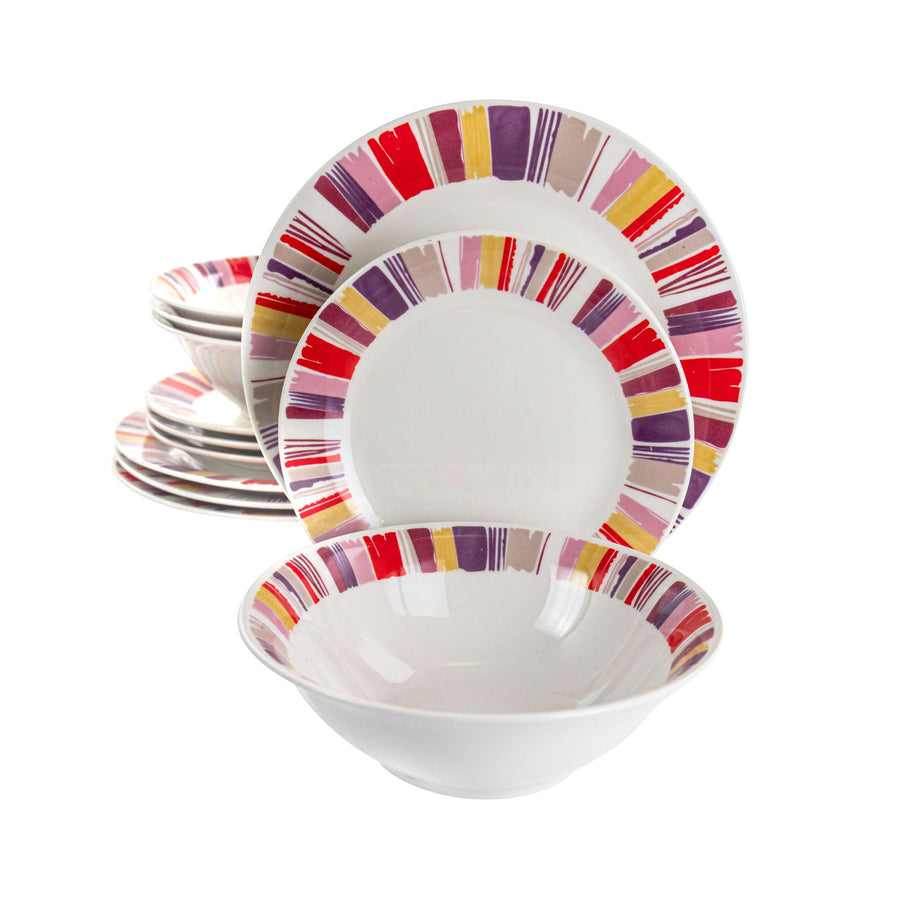 Gibson Home Orleans 12 piece ceramic dinnerware set, white plates and bowls with a red, purple, mustard and taupe striped rim, service for 4