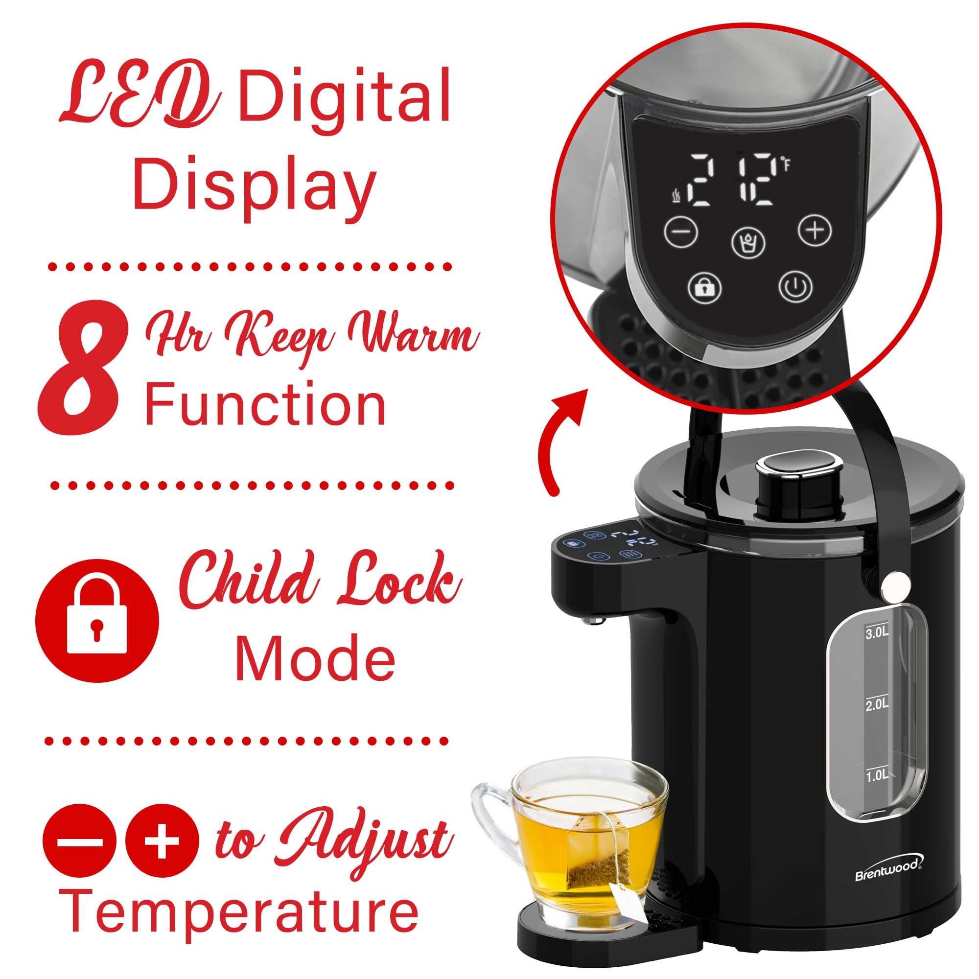 Brentwood KT-2230DBK 3L 1100W Digital Glass Instant Hot Water Dispenser with Tea Infuser - Black