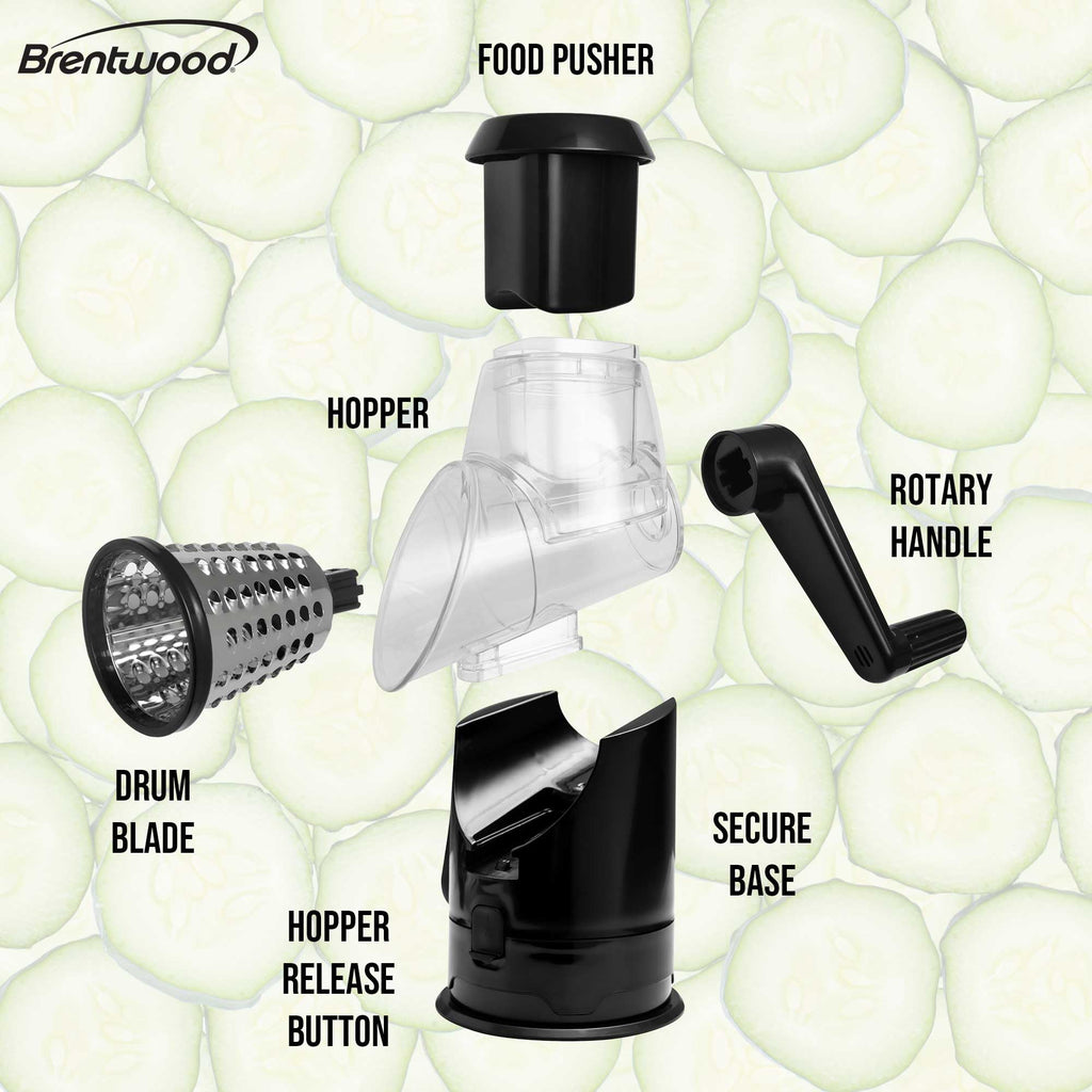 Brentwood KA-5060BK Rotary Cheese Grater & Slicer with 3 Stainless Drum Blades, Black