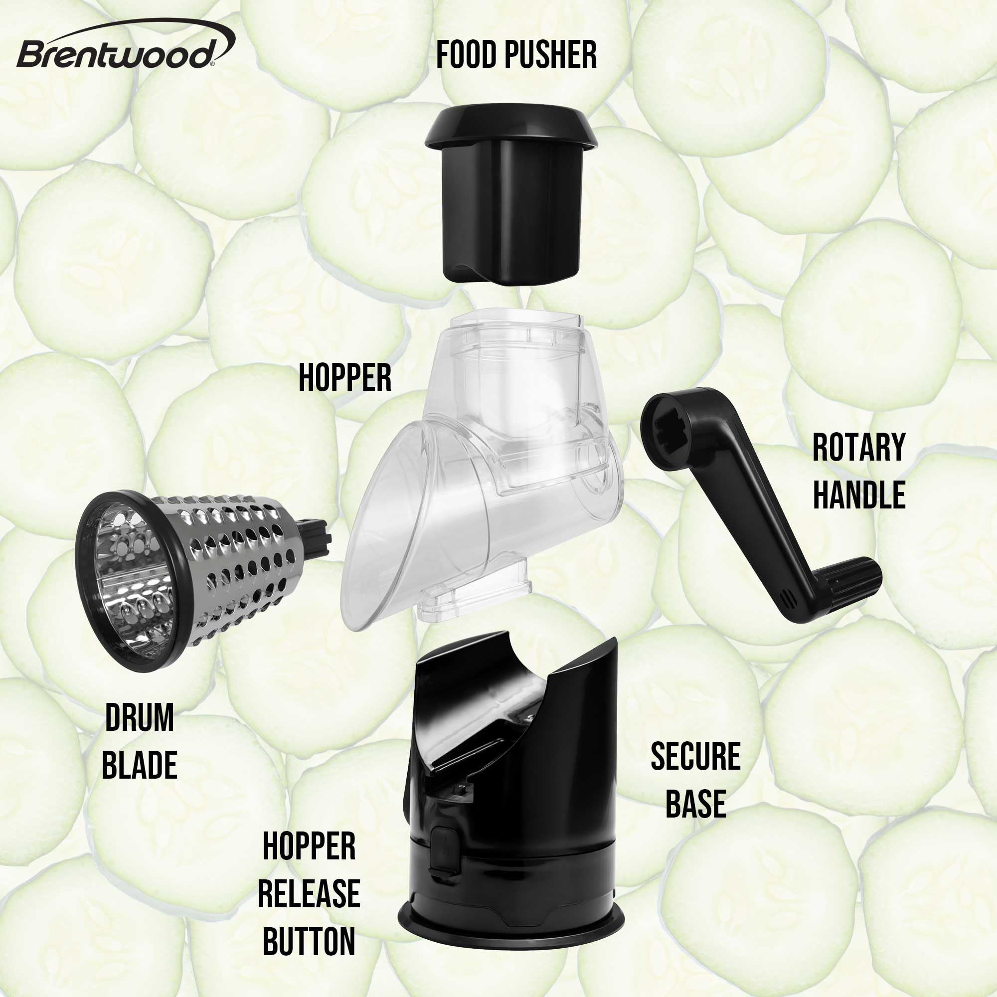 Brentwood KA-5060BK Rotary Cheese Grater & Slicer with 3 Stainless Drum Blades, Black