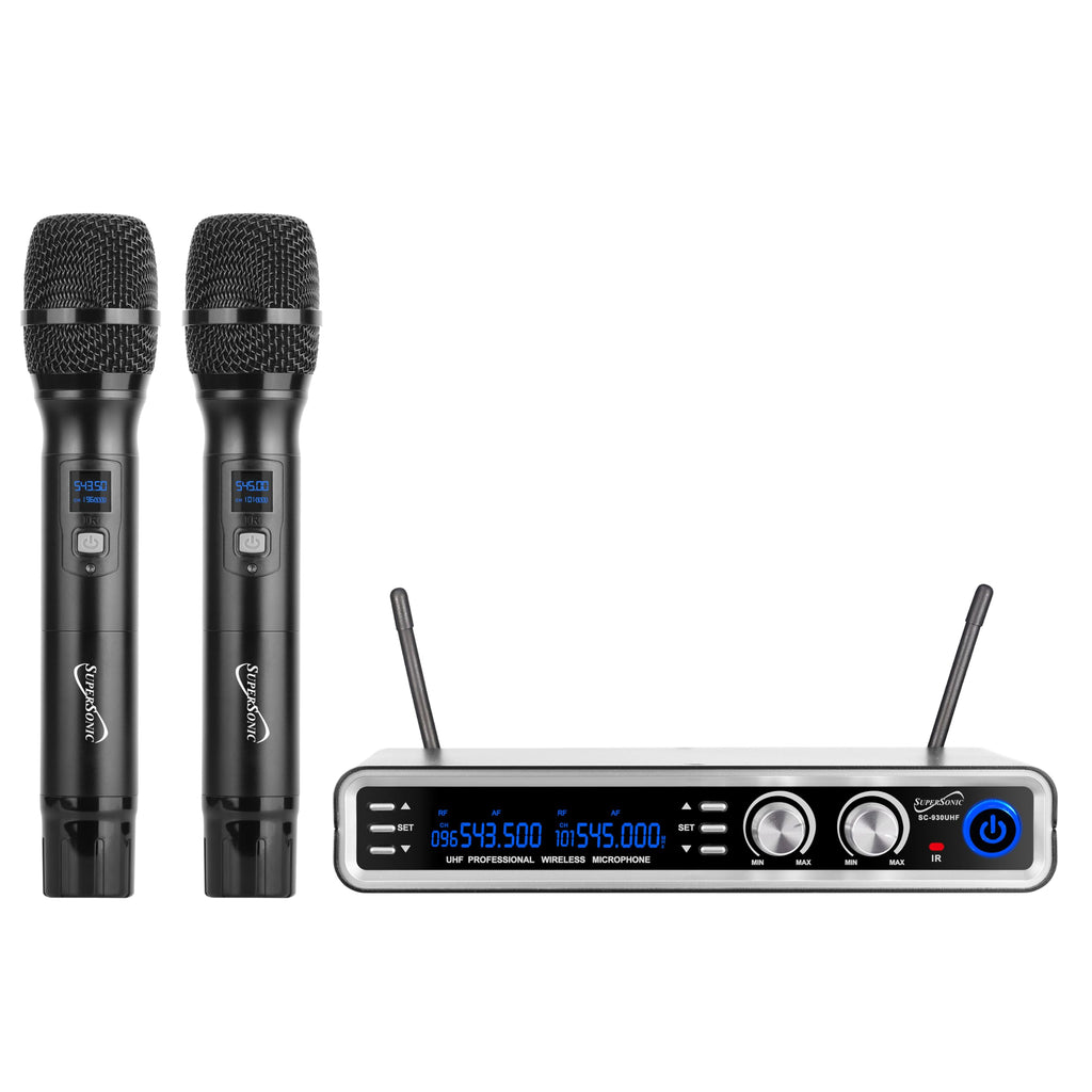 SuperSonic SC-930UHF black selectable-channel UHF wireless microphone system with two handheld mics and hard case