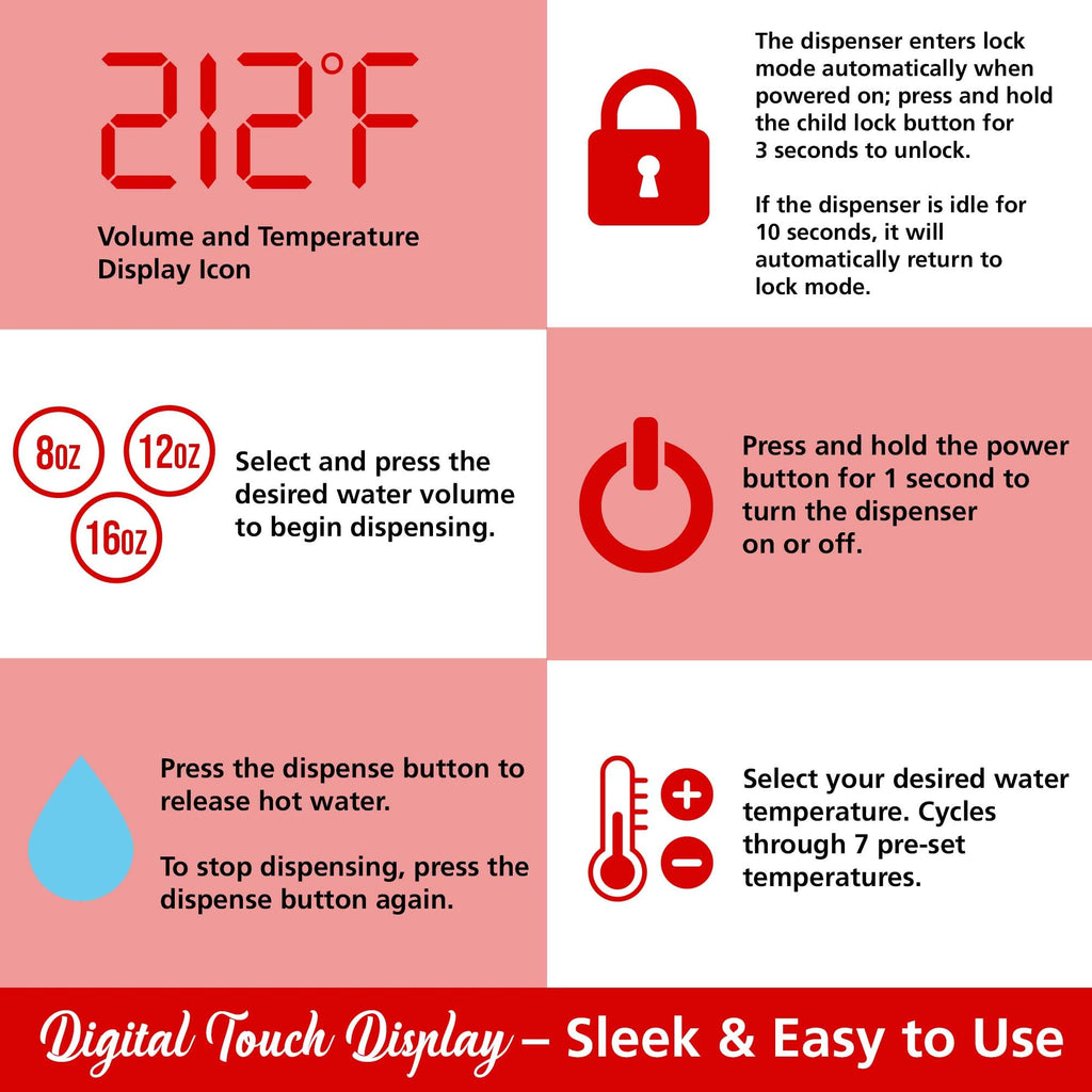 Brentwood KT-2300DBK 3 Liter 1800W Digital Instant Hot Water Dispenser - Black, 7 Temperature Presets with Child Safety Lock