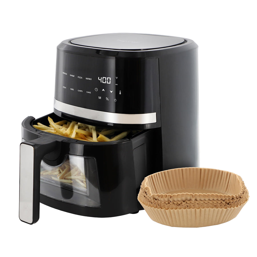 MegaChef 4 Quart Digital Air Fryer with Window and 125-Piece Liner Set, Black
