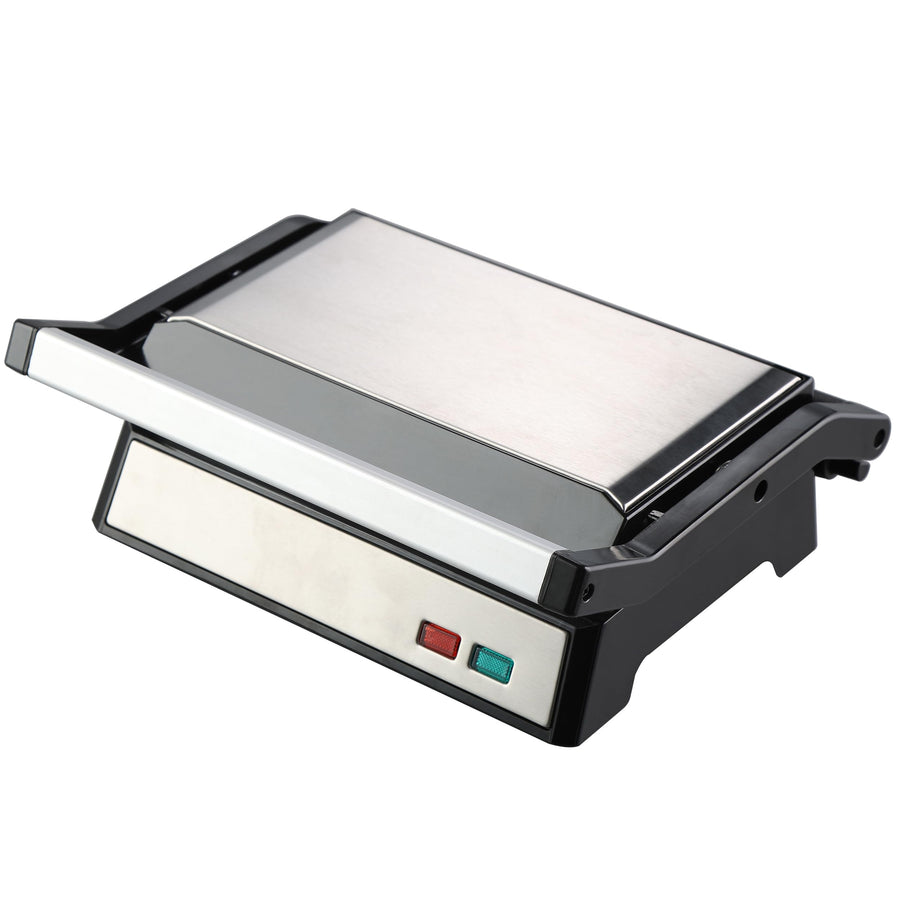 MegaChef MC-D048 Electric Dual Plate Nonstick Panini Grill and Sandwich Press with Drip Tray, Opens Flat to Grill, Silver