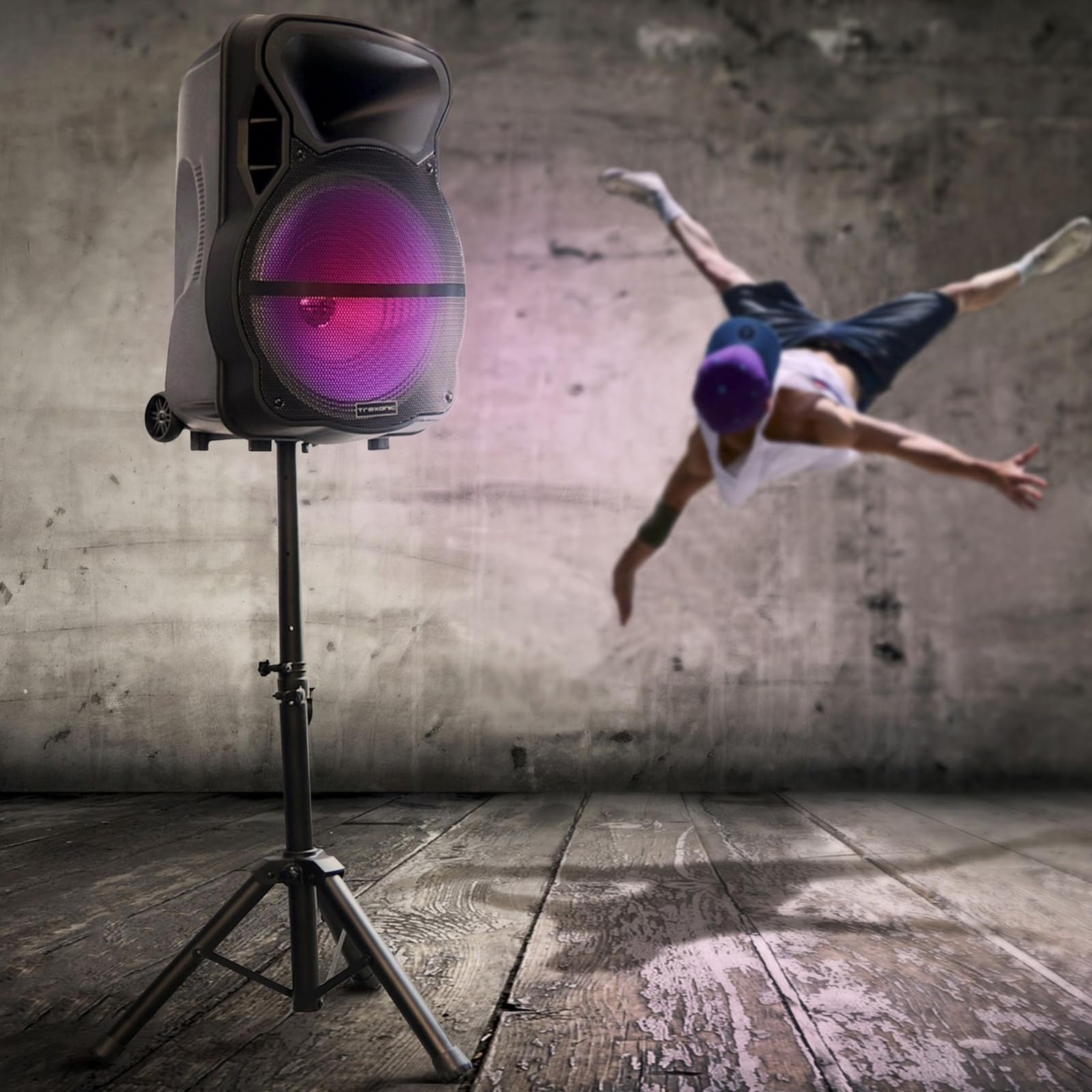 Trexonic TRX-15D 15" Bluetooth Party Speaker with Tripod Stand – Reactive LED Lights, Wireless Mic, FM Radio