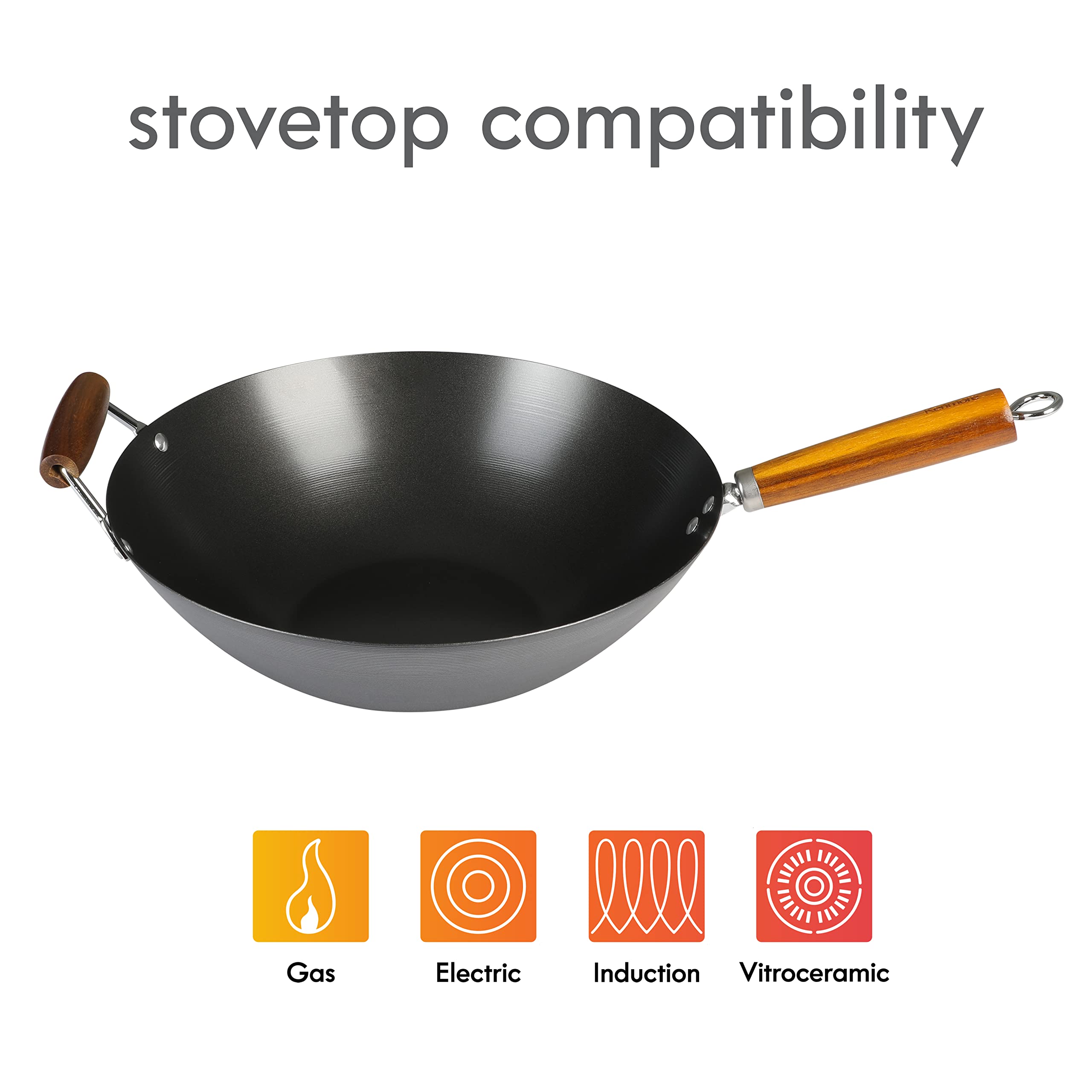 Kenmore Hammond 14-Inch Carbon Steel Wok – Black Flat-Bottom Stir-Fry Pan with Wood Handle for Gas, Electric & Induction Stovetops