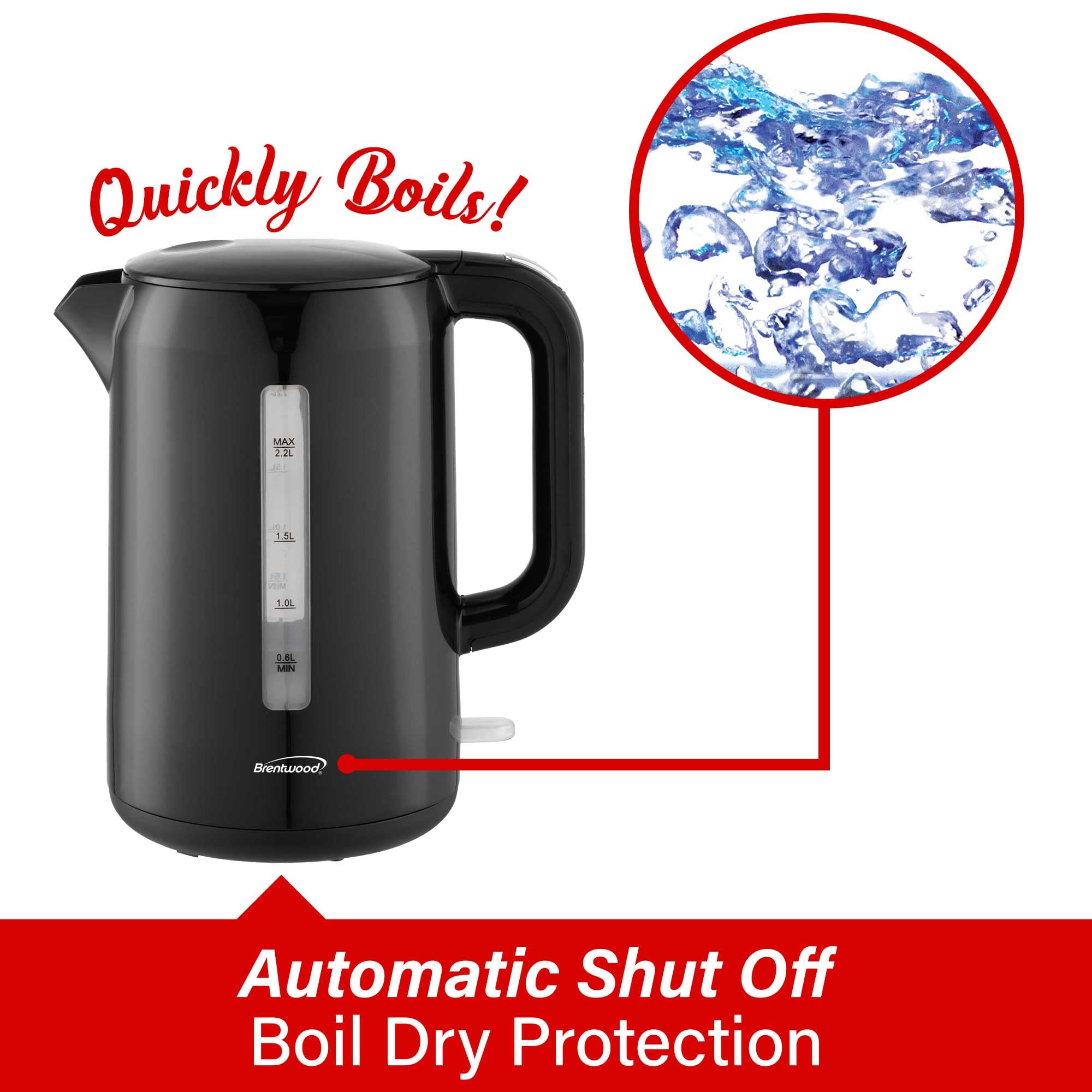 Brentwood KT-1622BK 2.2 L Cordless Electric Kettle with Auto Shut-Off, Black