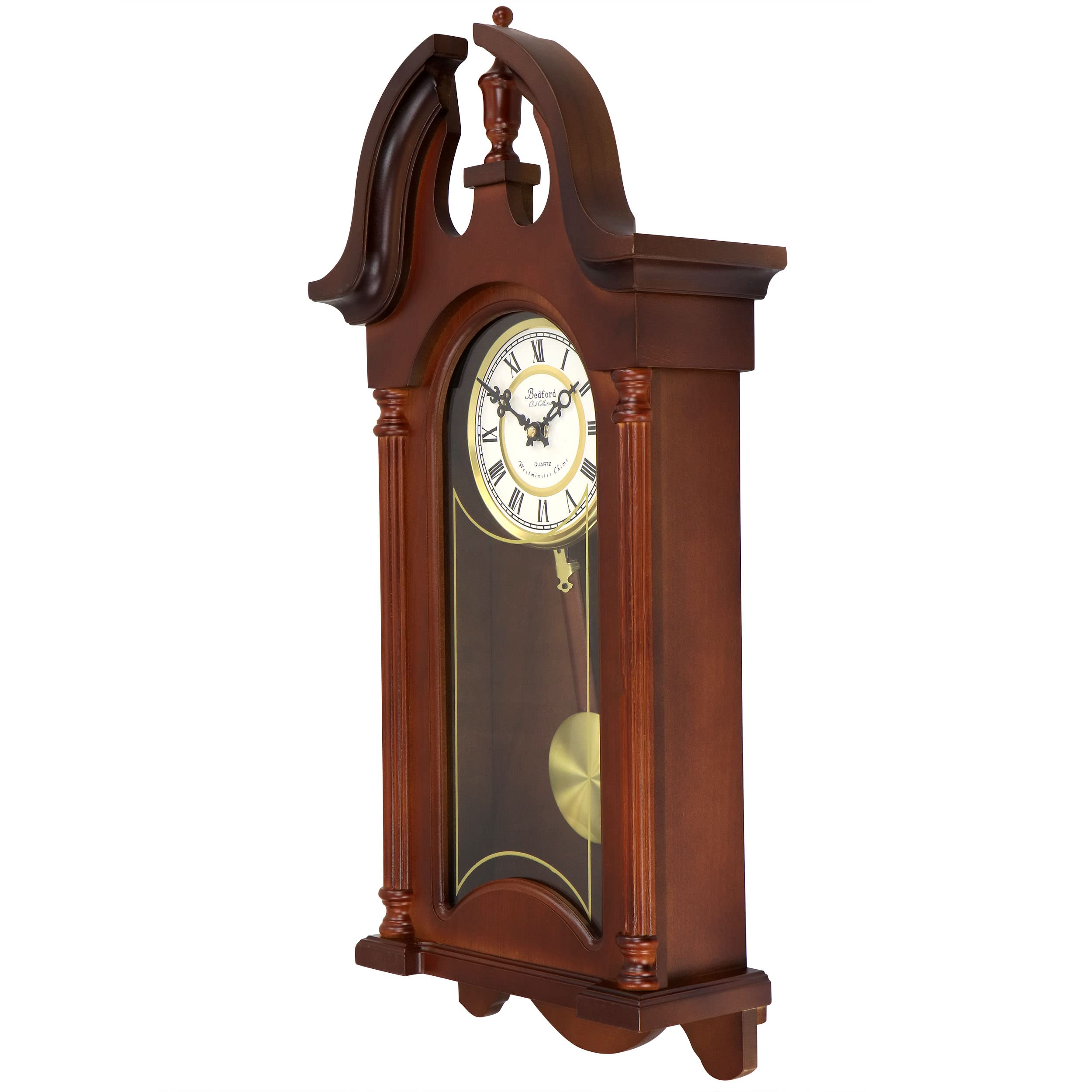 Bedford Clock Delphine 27-Inch Mahogany Chiming Pendulum Wall Clock – Roman Numerals & Golden Accents