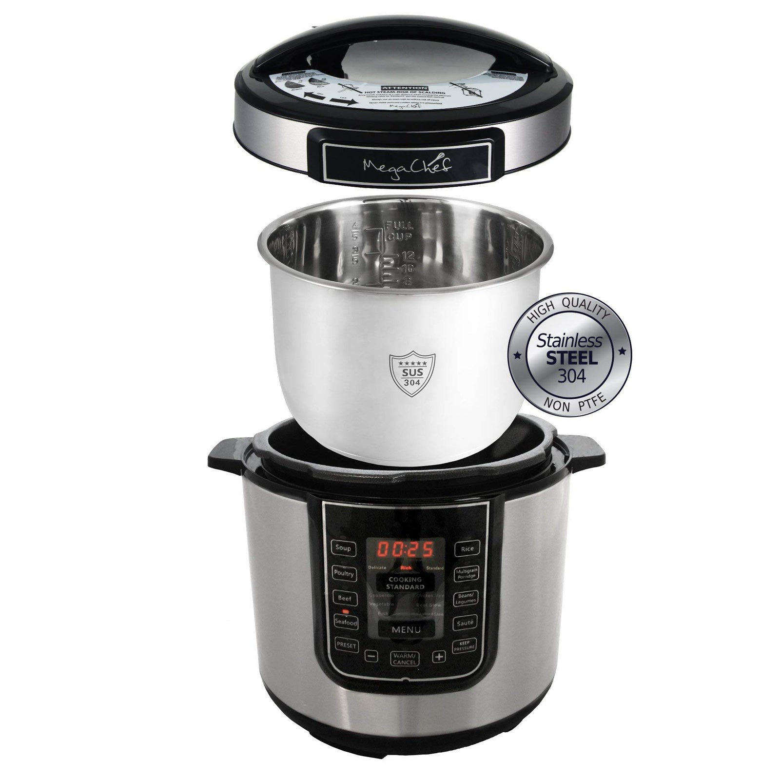 MegaChef 6-Quart Digital Pressure Cooker & Electric Multi-Cooker, 14 Presets, Stainless Steel Pot, Silver