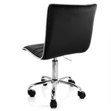 Elama black striped rolling office chair, back three-quarter view showing the chrome-trimmed back and five-wheel base