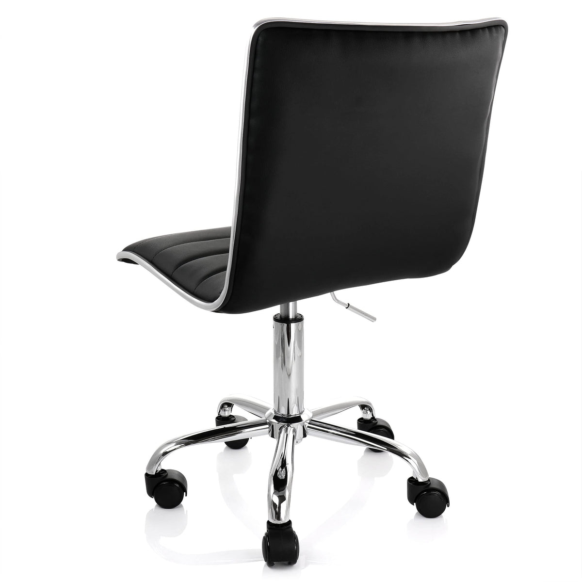 Elama black striped rolling office chair, back three-quarter view showing the chrome-trimmed back and five-wheel base