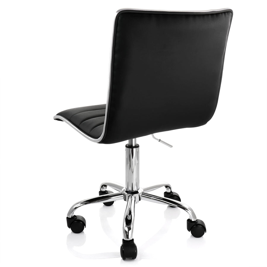 Elama black striped rolling office chair, back three-quarter view showing the chrome-trimmed back and five-wheel base