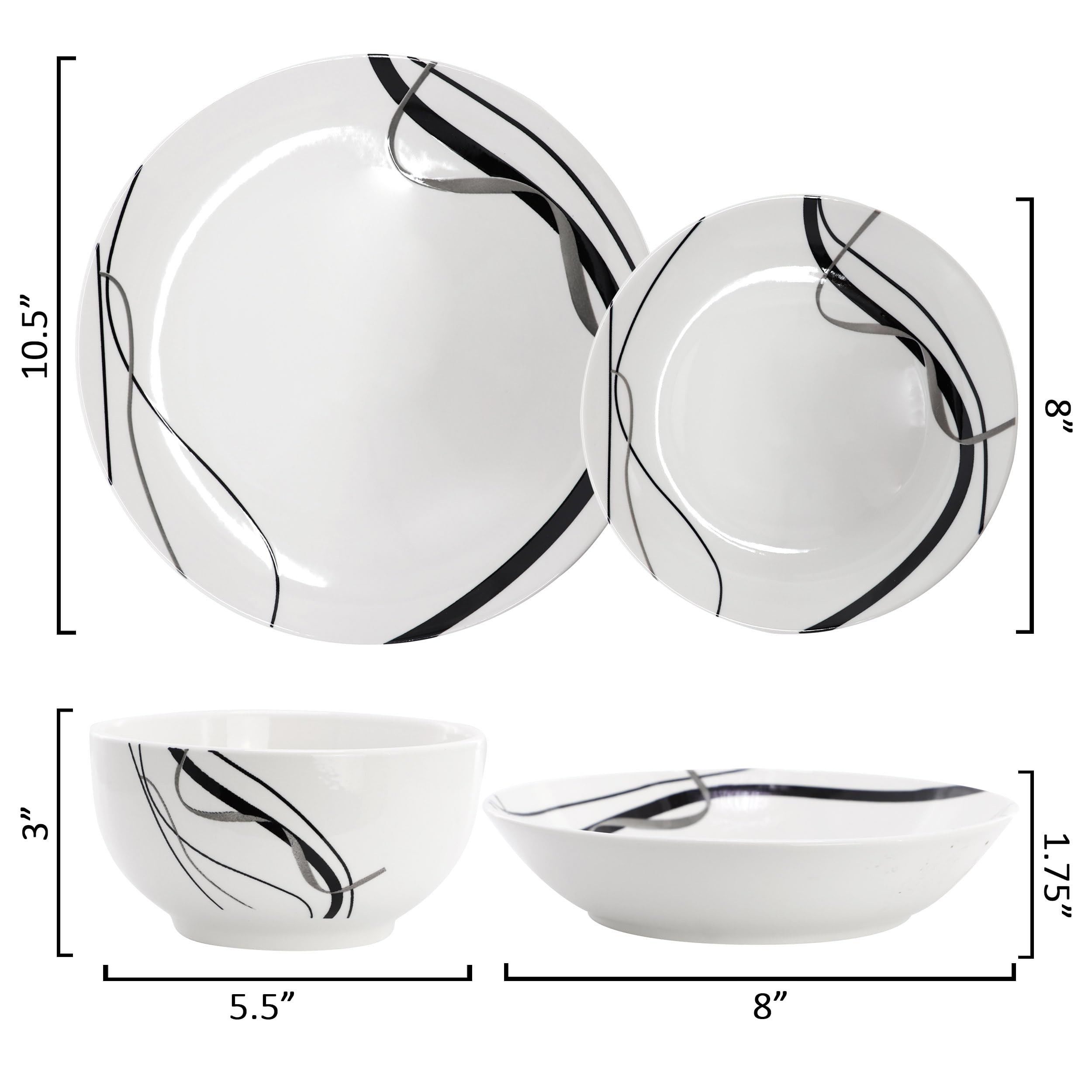 Elama Sarah 24-Piece Porcelain Black Ribbon Double Bowl Dinnerware Set – White & Black | Service for 6