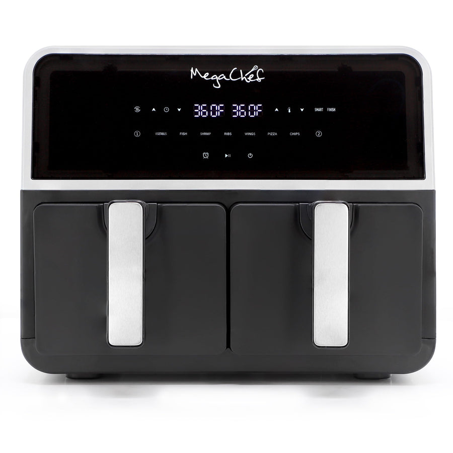 MegaChef MCAI-DUAL Dual Basket 1700W Digital Air Fryer, Two Independent 4.8-Quart Zones, 9.6-Quart Total, LED Touch Display, Black and Stainless Steel