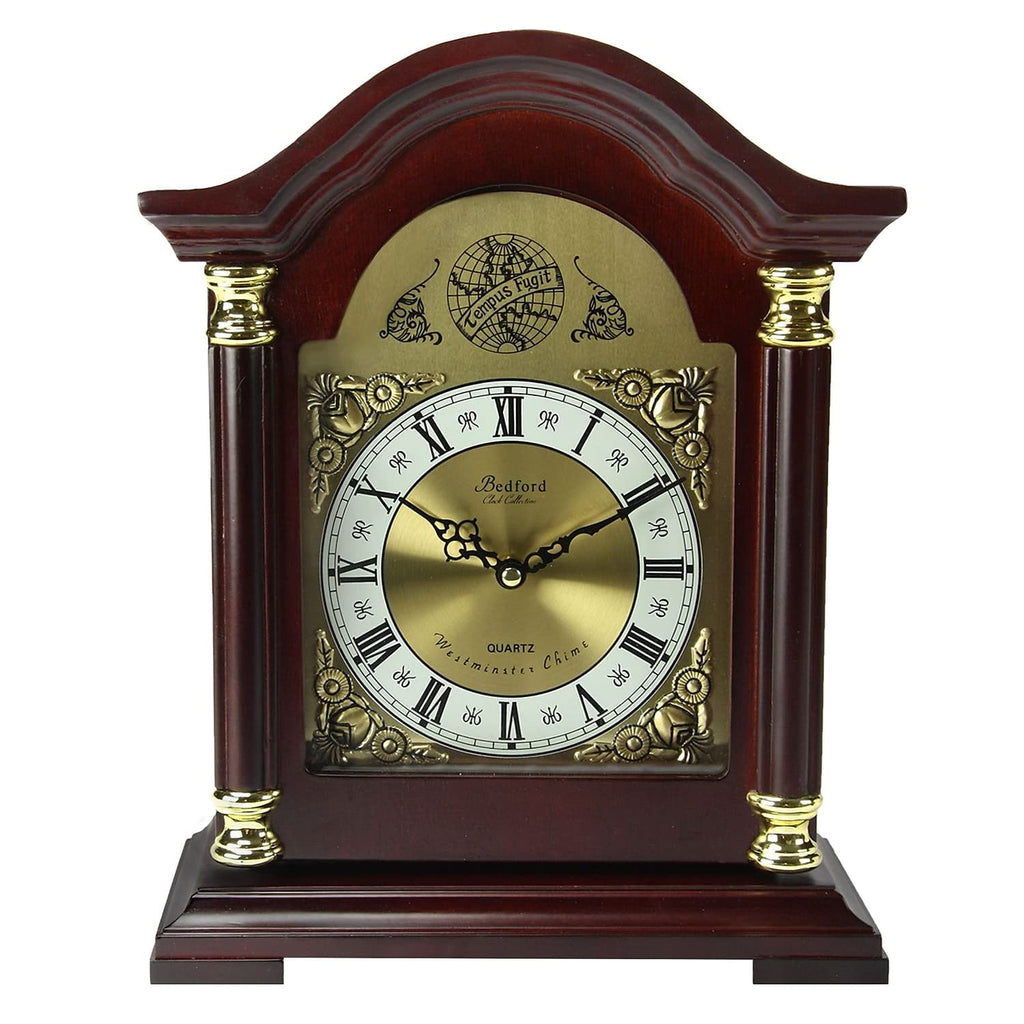 Bedford Clock Collection Redwood Mantel Clock with Glass Door & Chimes – Traditional Quartz Shelf Clock with Roman Numeral Dial