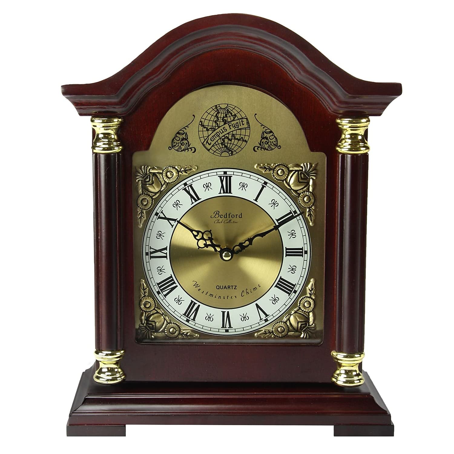 Bedford Clock Collection Redwood Mantel Clock with Glass Door & Chimes – Traditional Quartz Shelf Clock with Roman Numeral Dial