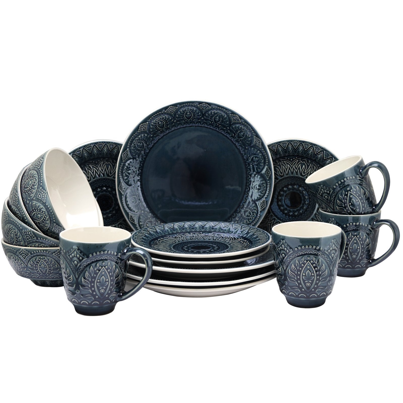 Elama Petra 16-Piece Bohemian Stoneware Dinnerware Set – Textured Service for 4