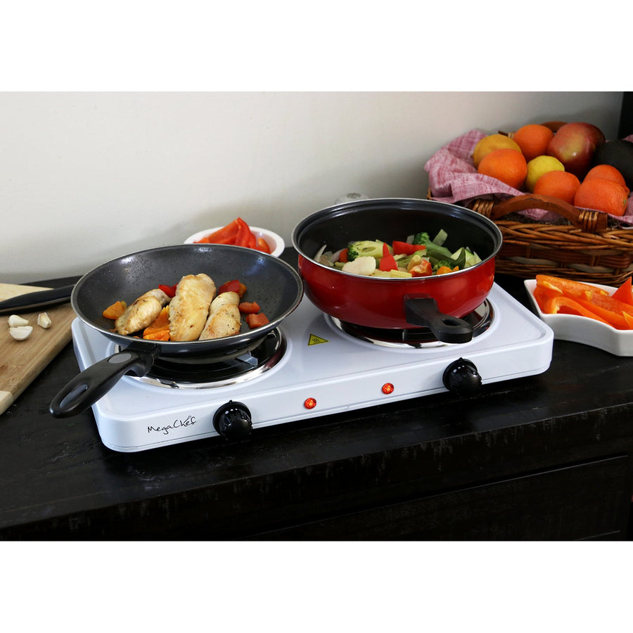 MegaChef MC-2012A-W Portable Dual Coil Cooktop, 1700W, Two 5.5 in Burners, White, Independent Temperature Knobs with Indicator Lights