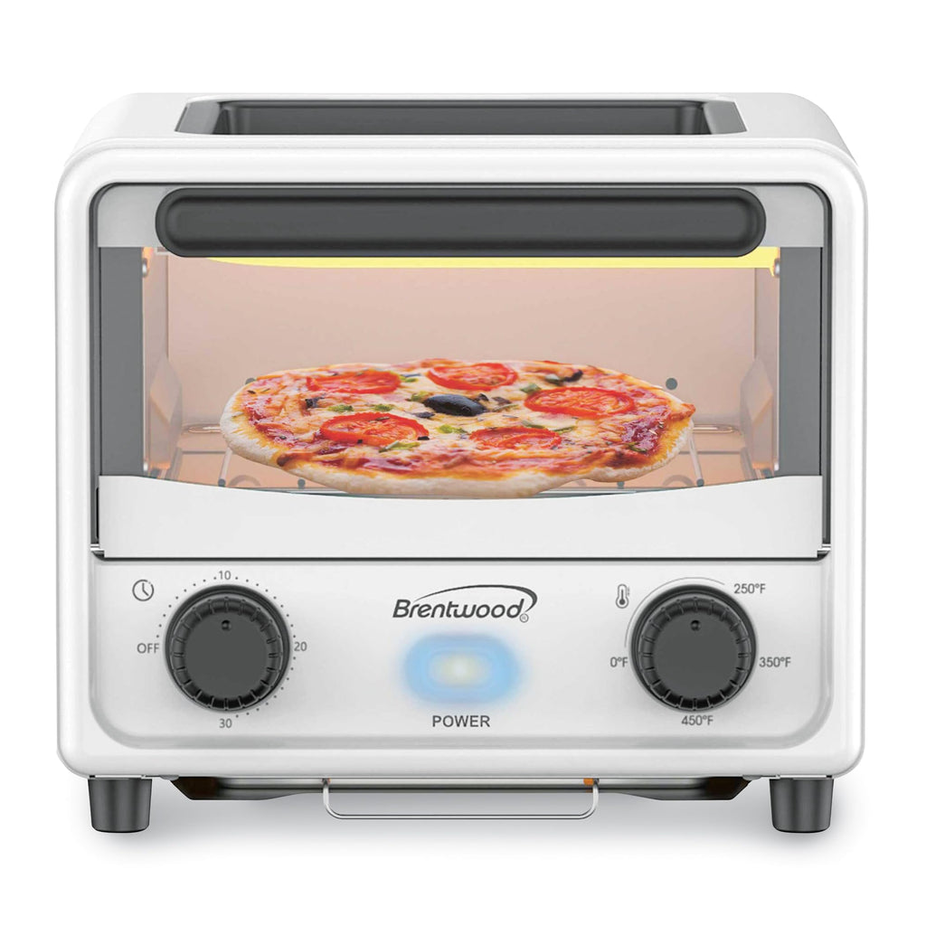Brentwood TS-3430W 3-Liter Mini Toaster Oven - White, 500W with 30-Minute Timer, 250-450°F, Non-Stick Griddle & Wire Rack