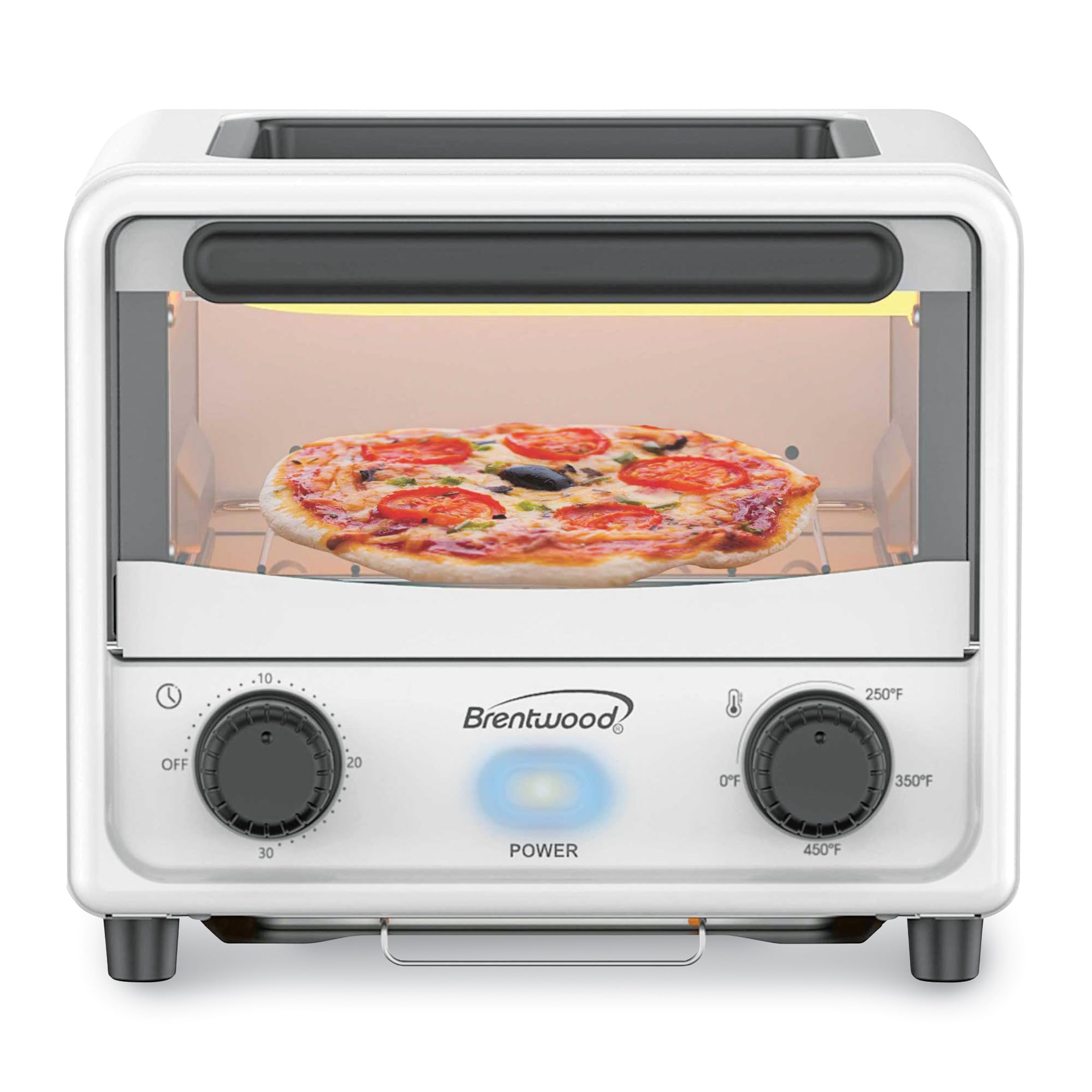 Brentwood TS-3430W 3-Liter Mini Toaster Oven - White, 500W with 30-Minute Timer, 250-450°F, Non-Stick Griddle & Wire Rack