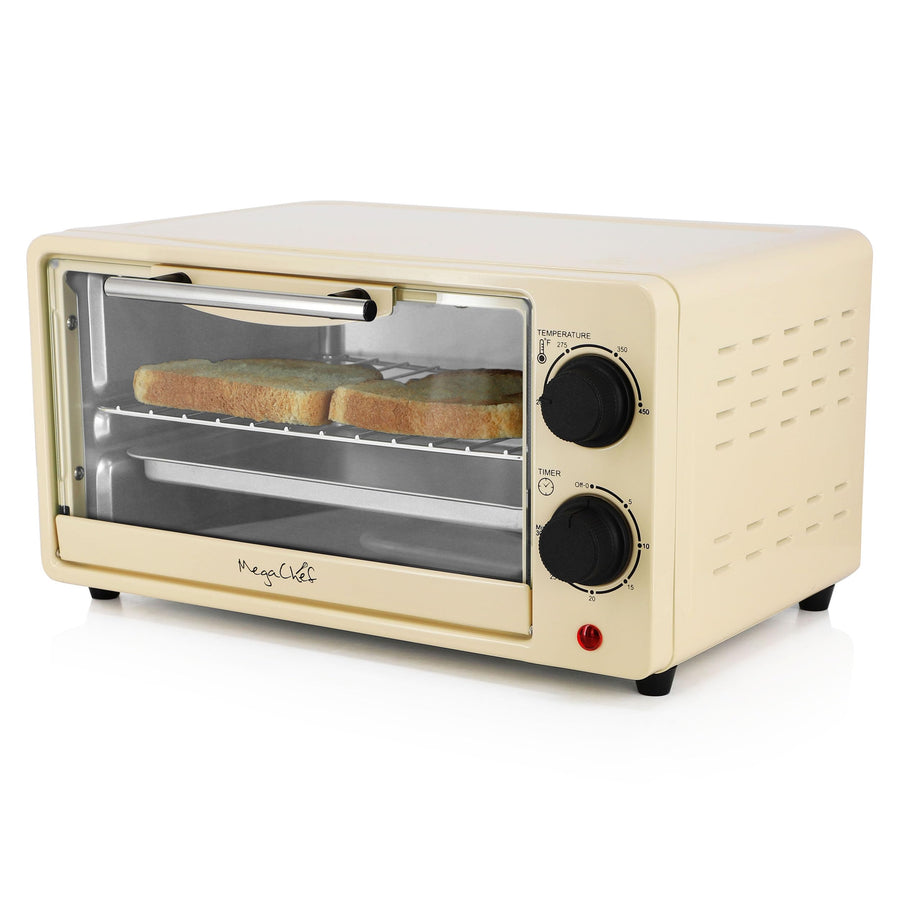 MegaChef MCOV-1200CR compact 9.5-quart countertop toaster oven in cream with tempered glass door and two control dials